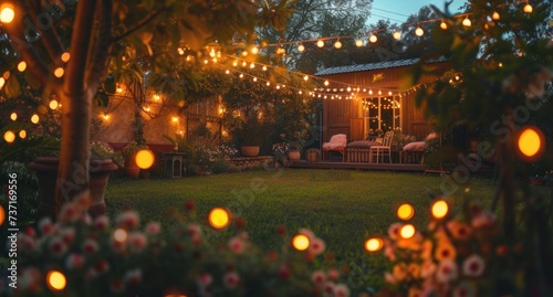a backyard under lights at dusk with trees and flowers