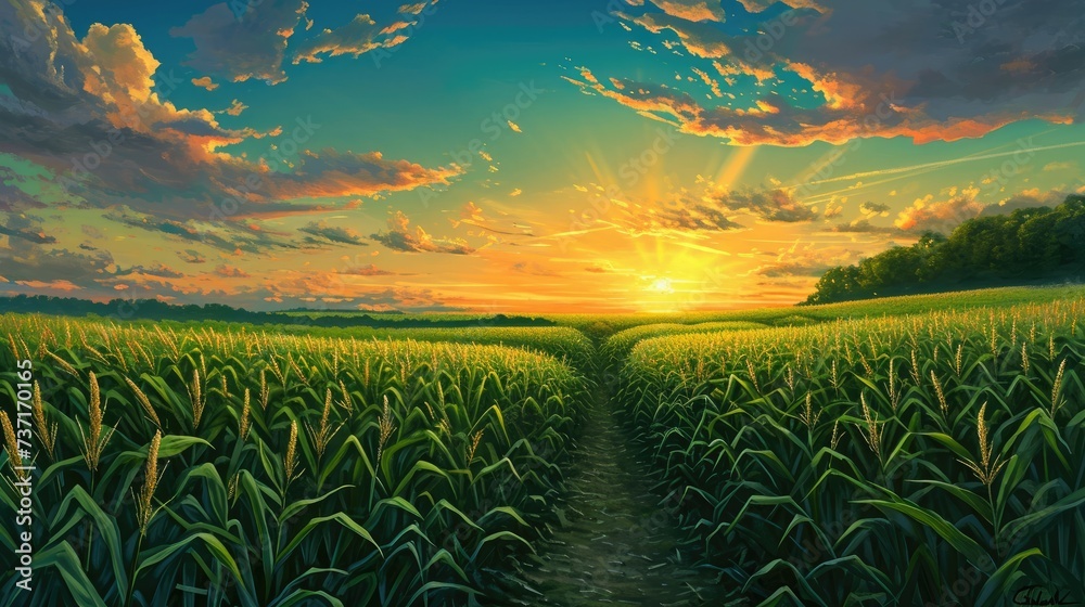 A Corn Field with a Marvelous Sunset and Clouds