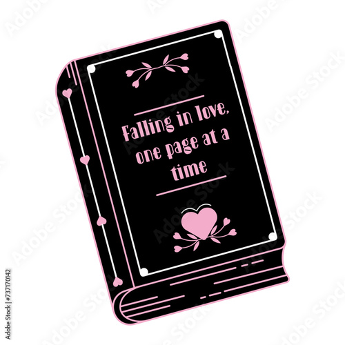 Drawing of book outline with funny book quote. Ornate pretty book. Romance books reading. Love story, romance novel, plot, black and pink. Isolated hand drawn vector illustration