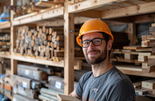 a man in hard hat holding wood in his hands in a workspace