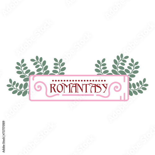 Concept of romance story plot - romantasy, romantic books, novels, tv series, movies love story genre. Cute horizontal frame with plants. Pink tape. Hand-drawn doodle isolated, vector art illustration