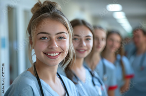 a nurse wearing a uniform standing next to medical students in a hallway