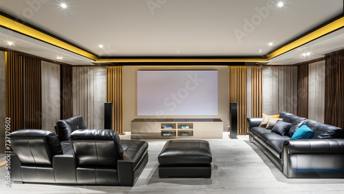 Home cinema  Plush seating  blackout curtains  and state-of-the-art audiovisual equipment for immersive movie nights Generative AI