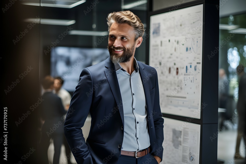 Naklejka premium A casually confident man in a dark suit smiles in an office, with hands in pockets and a strategic display board behind him