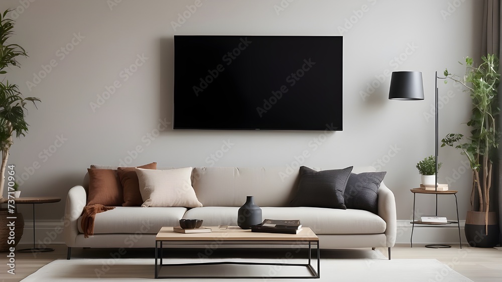 Modern living room with sofaA crisp and clear shot of a sleek flat screen TV mounted on a living room wall