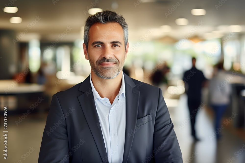 A mature man in a black suit offers a friendly smile in a busy office background