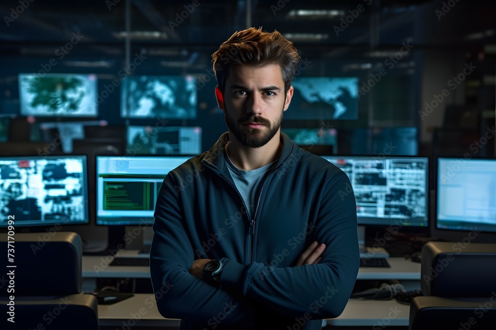 A serious young man in a security operations center with screens showing surveillance data A serious young man in a security operations center with screens showing surveillance data