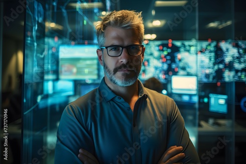 A focused man in a teal shirt and glasses stands with crossed arms against a backdrop of illuminated data screens