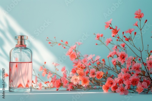 a bottle filled with perfume and flowers arranged on a blue background