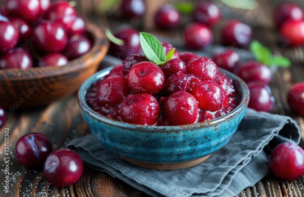 plum in sauce with leaf on rustic wooden table and cloth plum in sauce with leaf on rustic wooden table and cloth