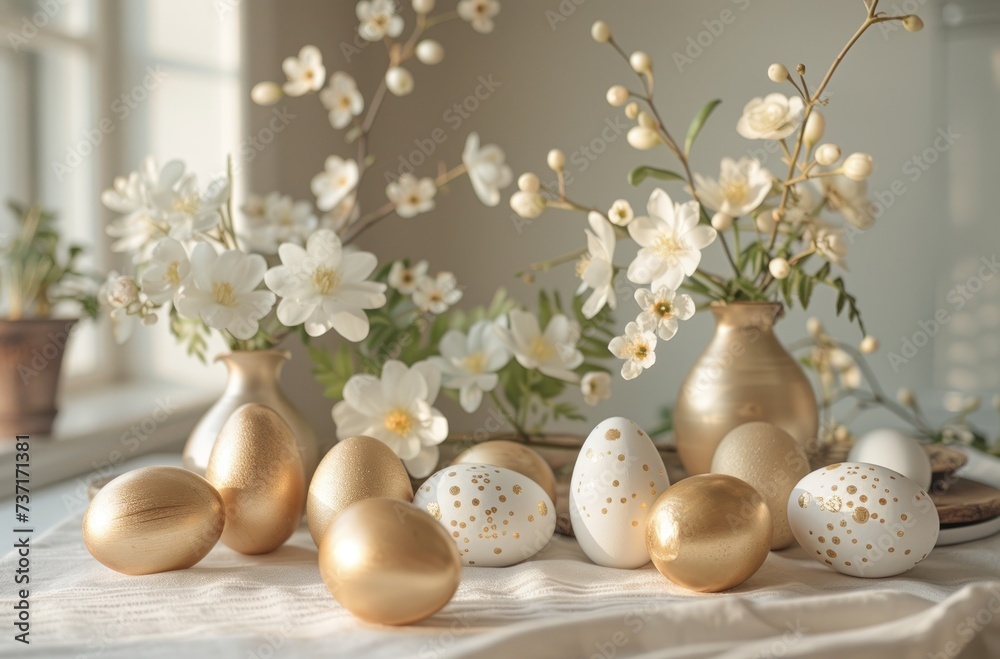 an Easter tablescape full of gold and white eggs on white cloth