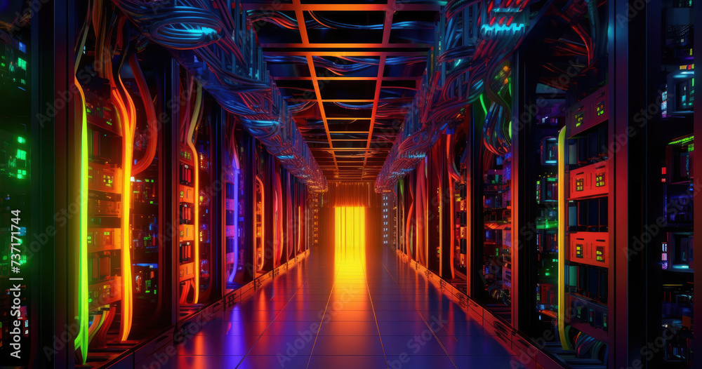 A Long Hallway in a Data Center With Neon Lights