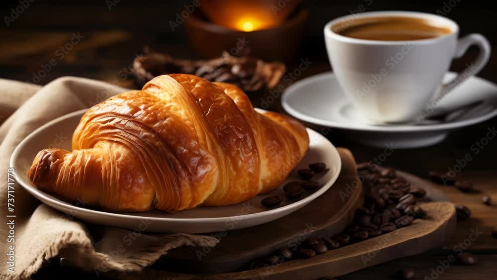 Delicious croissant sits on plate next to steaming cup of coffee. Perfect for cozy breakfast scene or cafe setting Delicious croissant sits on plate next to steaming cup of coffee. Perfect for cozy breakfast scene or cafe setting