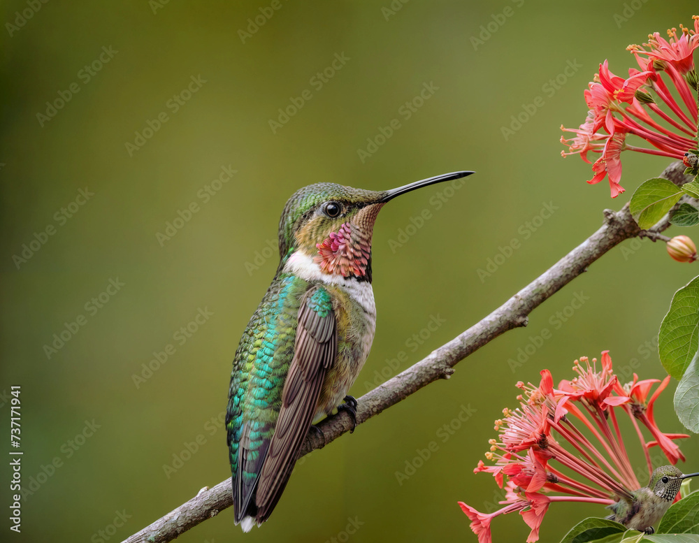 Fototapeta premium hummingbird on a branch of red flower