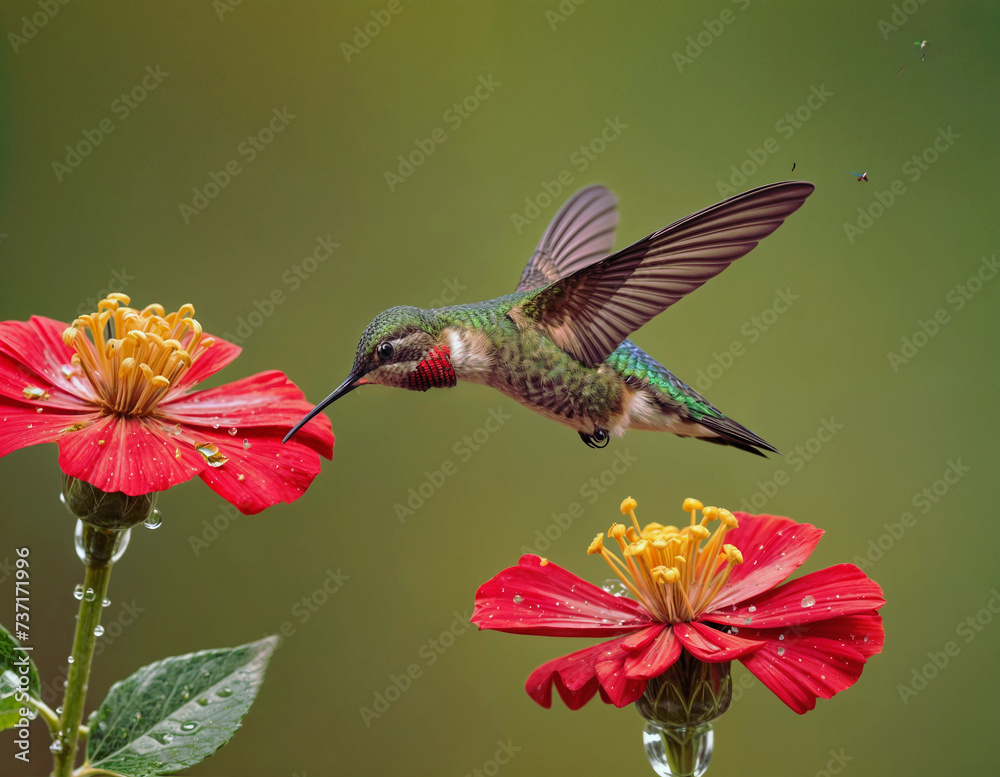 Fototapeta premium hummingbird hovering next to red flower