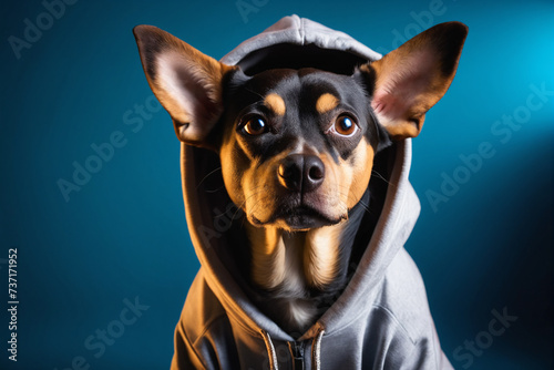 Delightful dog adorned in a hoodie against a vivid background © Giuseppe Cammino