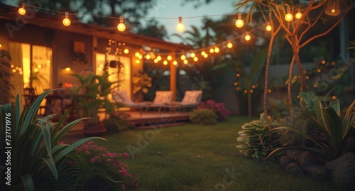 a backyard with string lights is lit up at night