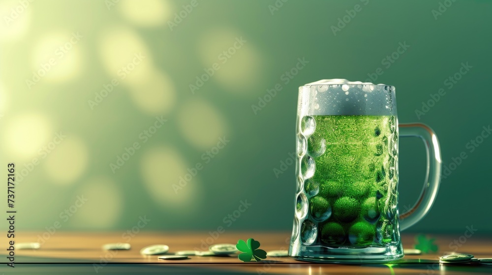 The image features a transparent glass mug filled with a green-colored beer, sitting on a wooden table surface. Light refracts through the mug, highlighting the bubbles and the effervescence of the li - obrazy, fototapety, plakaty 