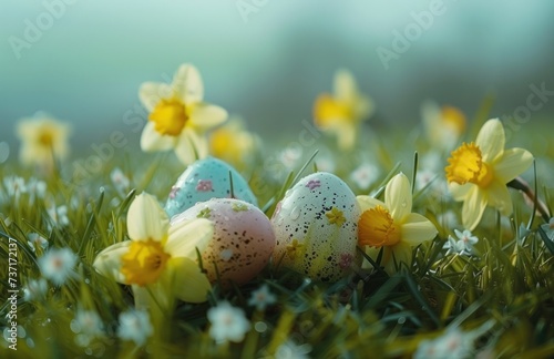 easter eggs in grass with daffodils