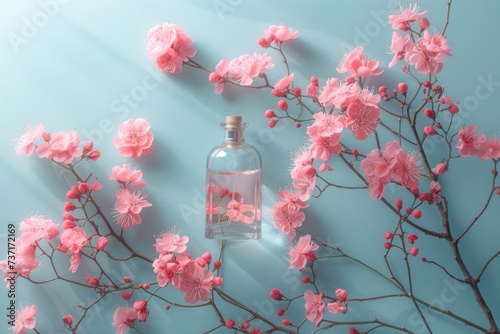 a bottle filled with perfume and flowers arranged on a blue background