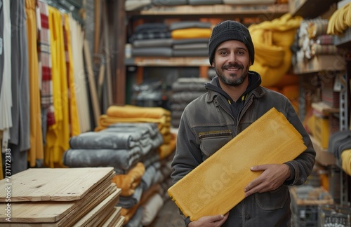 a construction worker is holding a wooden board in a shop