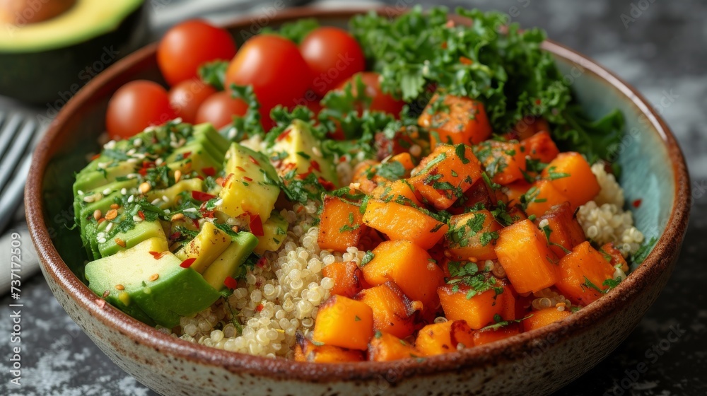 Healthy Buddha Bowl: A balanced and colorful Buddha bowl featuring quinoa, roasted vegetables, avocado, and a drizzle of tahini dressing. Healthy Buddha Bowl: A balanced and colorful Buddha bowl featuring quinoa, roasted vegetables, avocado, and a drizzle of tahini dressing.