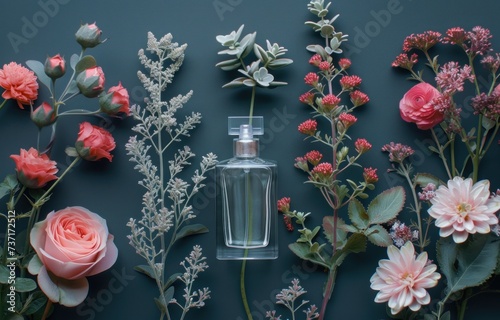 three perfumes and flowers on a dark background photo