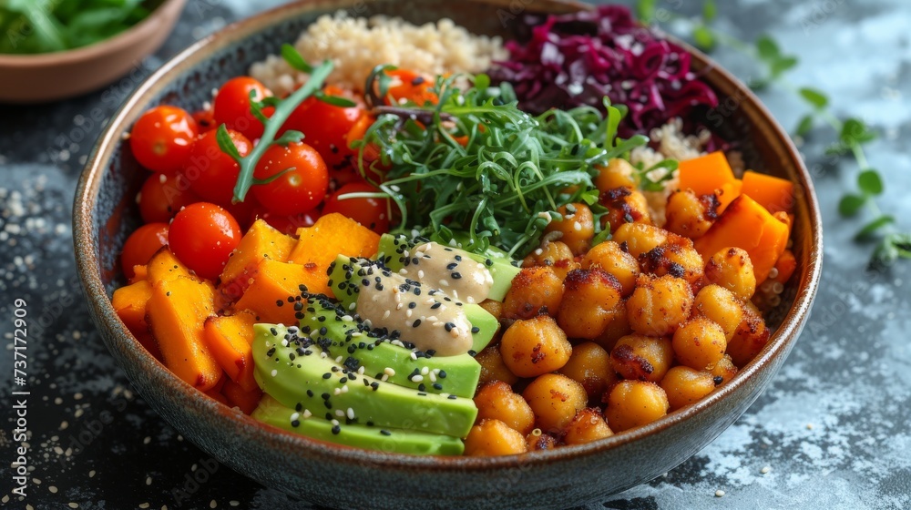 Healthy Buddha Bowl: A balanced and colorful Buddha bowl featuring quinoa, roasted vegetables, avocado, and a drizzle of tahini dressing.