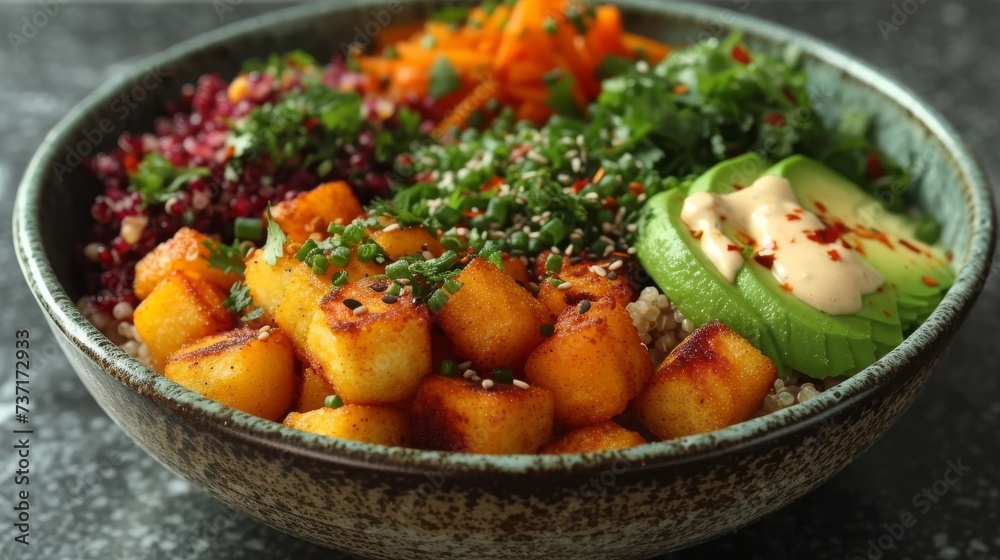 Healthy Buddha Bowl: A balanced and colorful Buddha bowl featuring quinoa, roasted vegetables, avocado, and a drizzle of tahini dressing. Healthy Buddha Bowl: A balanced and colorful Buddha bowl featuring quinoa, roasted vegetables, avocado, and a drizzle of tahini dressing.