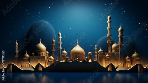 elegant mosque in golden color on dark background. 3d islamic holiday banner ramadan 3d background