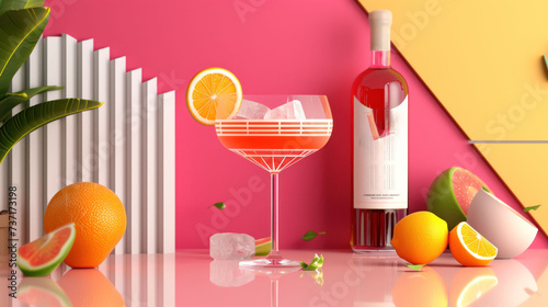 a bottle of marmalade next to a glass of wine and oranges on a pink and yellow background. photo