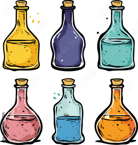 Colorful handdrawn potion bottles corks. Magical liquid vials sketch fantasy themes. Alchemist wizard supplies vector illustration