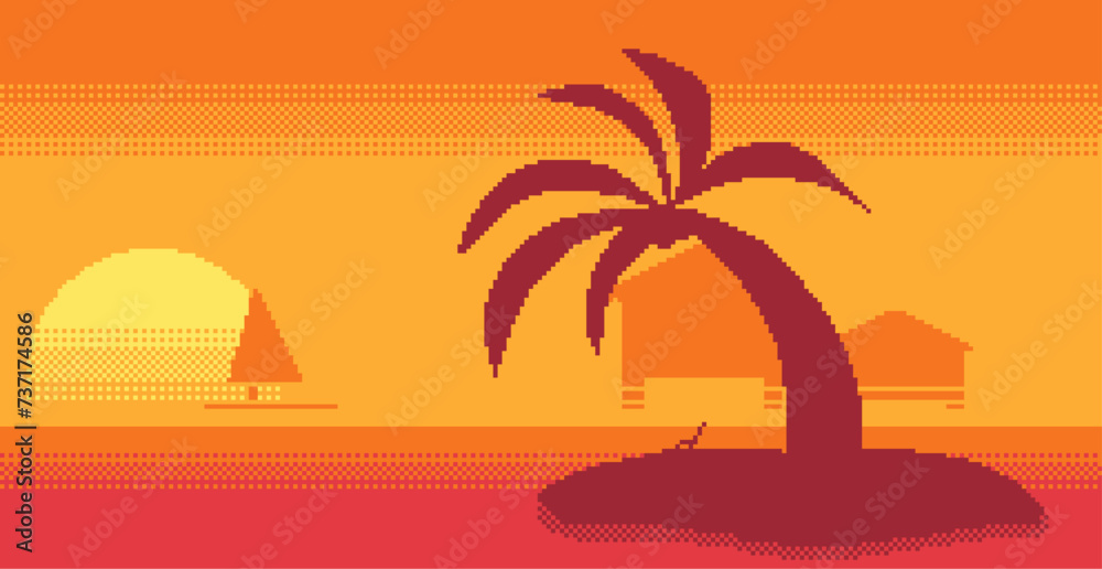 Tropical Island at Summer Sunset, Pixel Art Style Illustration