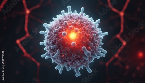 Abstract virus COVID-19, new mutation variant. Pandemic wave, Viral Infection, Coronavirus. Antibody, Antigen, Vaccine concept. Single object, cell structure. Horizontal. photo