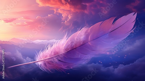 a pink feather floating in the air next to a purple and pink sky with clouds and a mountain in the background. © Anna