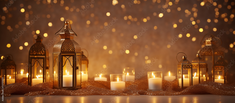 Obraz premium Arabic lantern and burning candles, glowing night with golden bokeh lights. Ramadan Kareem.