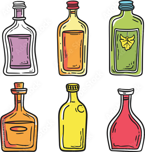 Handdrawn assorted bottles bright colors. Various alcohol bottle types caps labels. Beverage collection, home bar essentials vector illustration