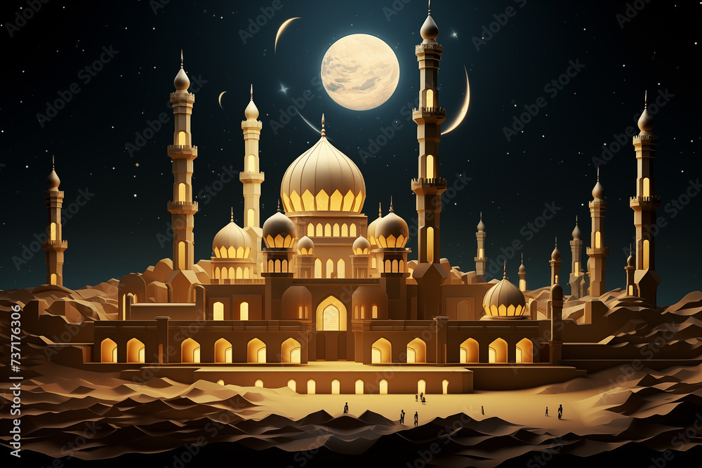 3D mosque and the moon on a dark green background