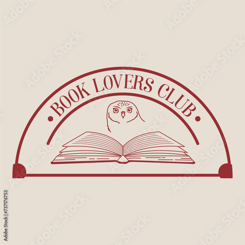 Book lovers club with open book and owl face. Simple outline night bird owl. Reading illustration for sticker, poster, bookstore, library, school. Vector vintage art illustration isolated hand drawn