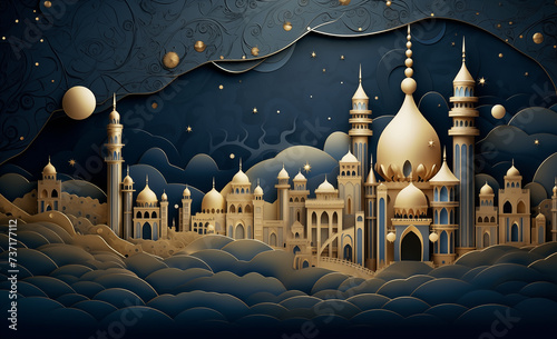 paper mosque, moon, waves on a dark blue background for the Ramadan holiday © Роман Варнава