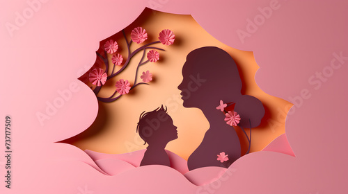 Two silhouetted figures share a tender moment  surrounded by intricate floral designs  against a soft pink backdrop  evoking a sense of warmth and affection.