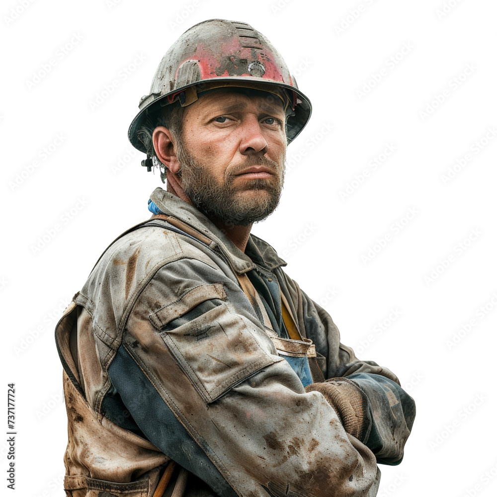 Male labor worker in yellow safety hardhat isolated on transparent background, cut out, png