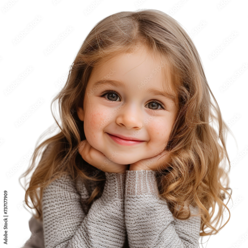 Smiling little cute girl with long brown hair she rests her chin on her hands isolated on transparent background, cut out, png Smiling little cute girl with long brown hair she rests her chin on her hands isolated on transparent background, cut out, png