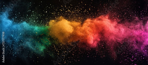 Abstract splashes of rainbow-colored dust powder explode, floating on a black backdrop with a textured appearance.