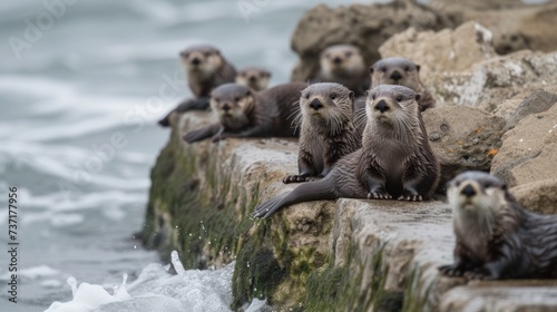 a group of otters sitting on the edge of a rock wall next to the ocean with a wave coming in.