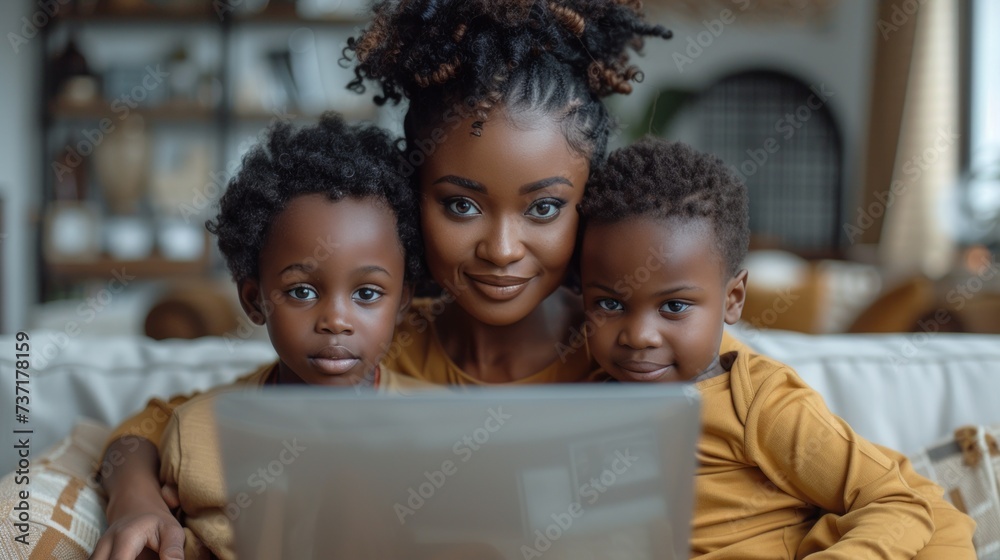 african american mother and african american sons using laptop - obrazy, fototapety, plakaty 