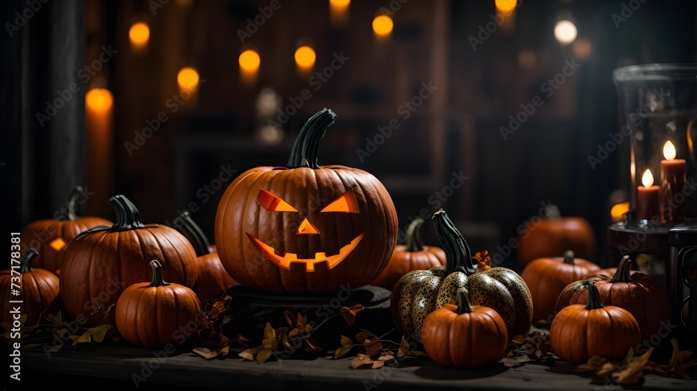 Halloween pumpkin jack-o-lantern lantern on a wood floor landscape wallpaper background