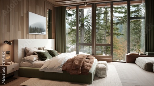 a bedroom with a large window and a bed with a blanket on top of it and pillows on the bottom of the bed. photo