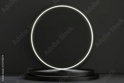 Black Friday Sale Concept. Circle black podium, decoration with neon light white round design on dark background