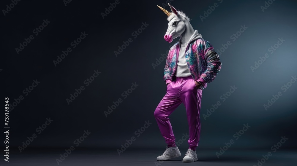 Creative animal concept. Unicorn full body in hip hop stylish fashion isolated on dark background, commercial, editorial advertisement, surreal, copy text space